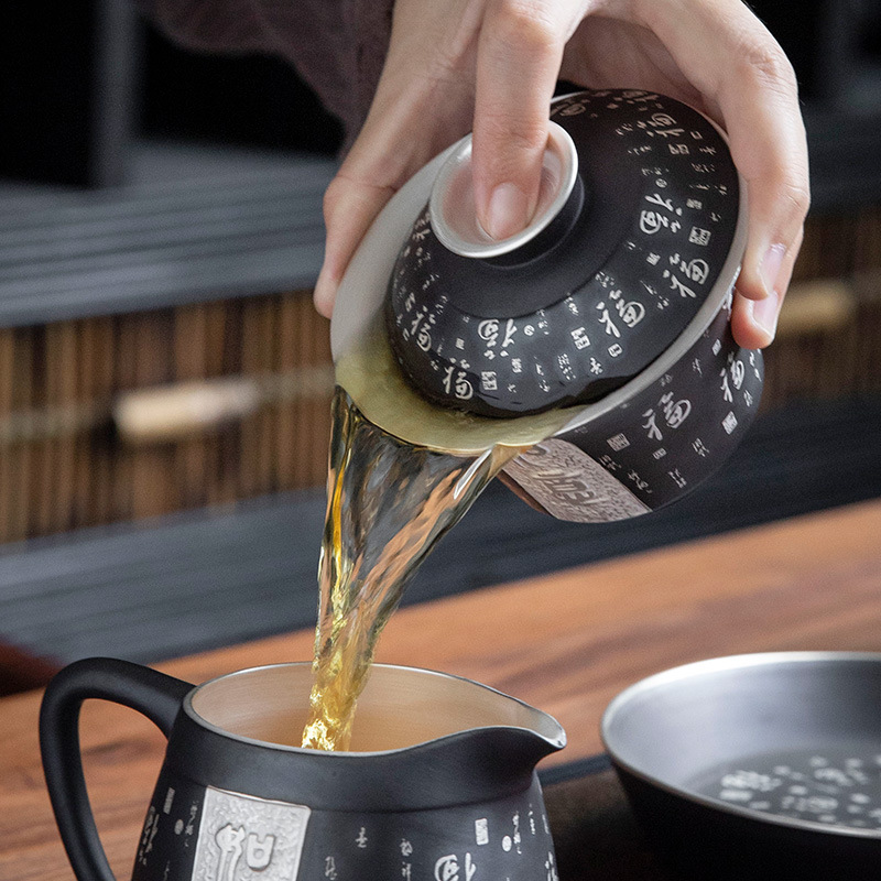 Dụng cụ chia trà cát tím mạ bạc, tách trà, tách trà, tách trà, tách trà, cốc trà cát tím bạc 999, quặng thô, đất sét cũ gia dụng