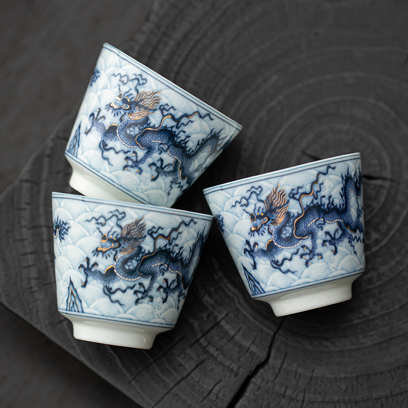 Cốc trà nhỏ Kung Fu gốm sứ hoa văn rồng vàng bạc cốc pha trà gia dụng cốc thưởng thức cốc chủ nhân cổ điển cốc đơn cốc uống trà