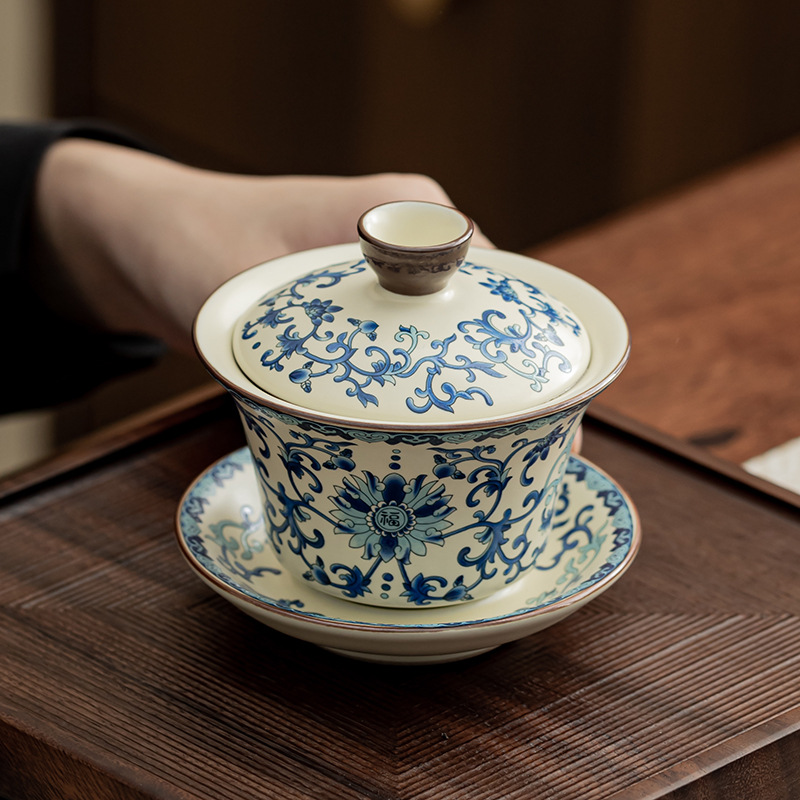 Bát có nắp ba tài màu xanh và trắng Ruyao Bộ ấm trà Kung Fu cổ điển Bát pha trà gốm sứ gia dụng có nắp không nóng