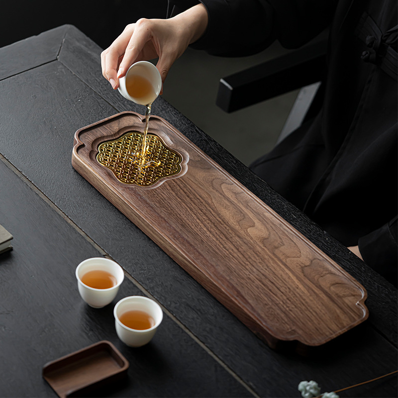 Nhà sản xuất bán buôn khay trà gỗ đặc, bàn làm bằng gỗ óc chó đen, ống thoát nước gia dụng kiểu Trung Quốc mới, khay trà nhỏ dùng khô và ướt