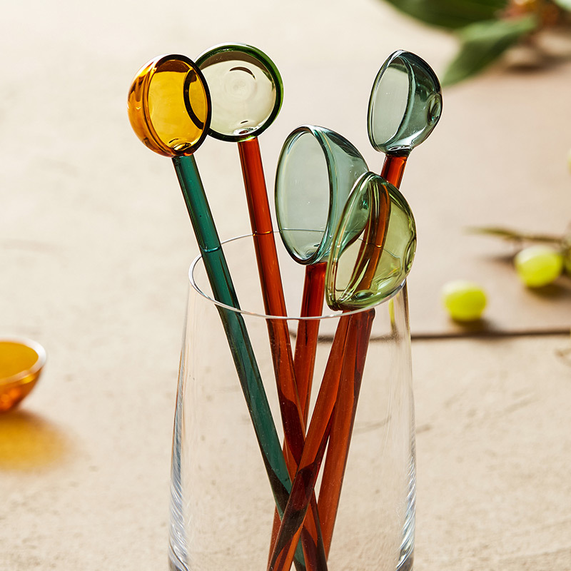 Muỗng thủy tinh cán dài nhiều màu, thìa cà phê, thìa gia dụng, Thìa tráng miệng chịu nhiệt cao, thìa mật ong, THÌA TRỘN cán dài