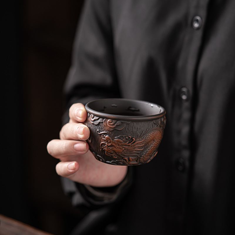 Bộ ấm trà gốm tím cổ điển, ấm trà phòng khách gia dụng kiểu Trung Quốc, ấm trà công phu chạm nổi gốm sứ, quà tặng sang trọng nhẹ nhàng