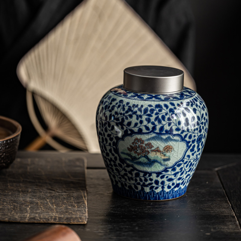 Hộp đựng trà bằng gốm sứ dùng trong gia đình HYT32659, hộp đựng trà Phổ Nhĩ, bình Ruyi dạng ống thẳng để bảo quản trà