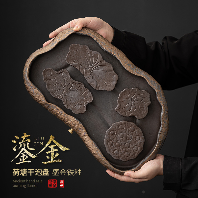Khay bong bóng khô hồ sen tráng men mạ vàng kiểu Nhật khay đựng trà lớn bằng gốm thô khay đựng trà kiểu thoát nước khay gia dụng
