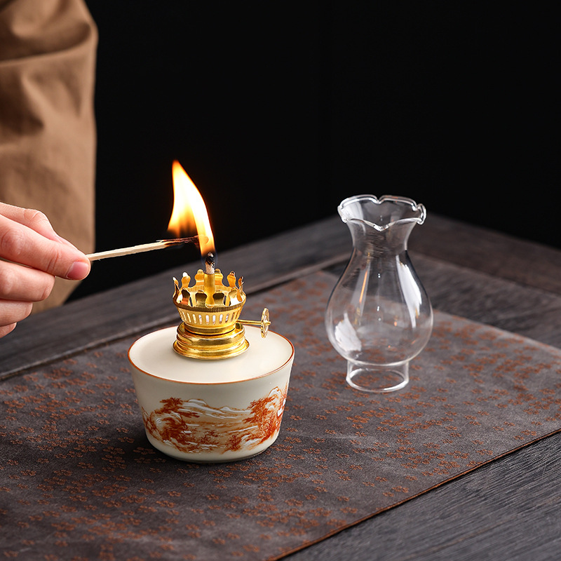 Đèn bơ gốm trắng xanh trang trí phòng trà cắm trại đèn xung quanh hoài cổ không gian trà cổ trang trí phụ kiện trà đạo