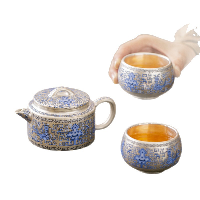Bộ ấm chén trà bạc mạ vàng gốm sứ, một ấm hai chén, làm quà tặng người lớn tuổi, quà lưu niệm kinh doanh thiết thực cho bạn bè và công ty.