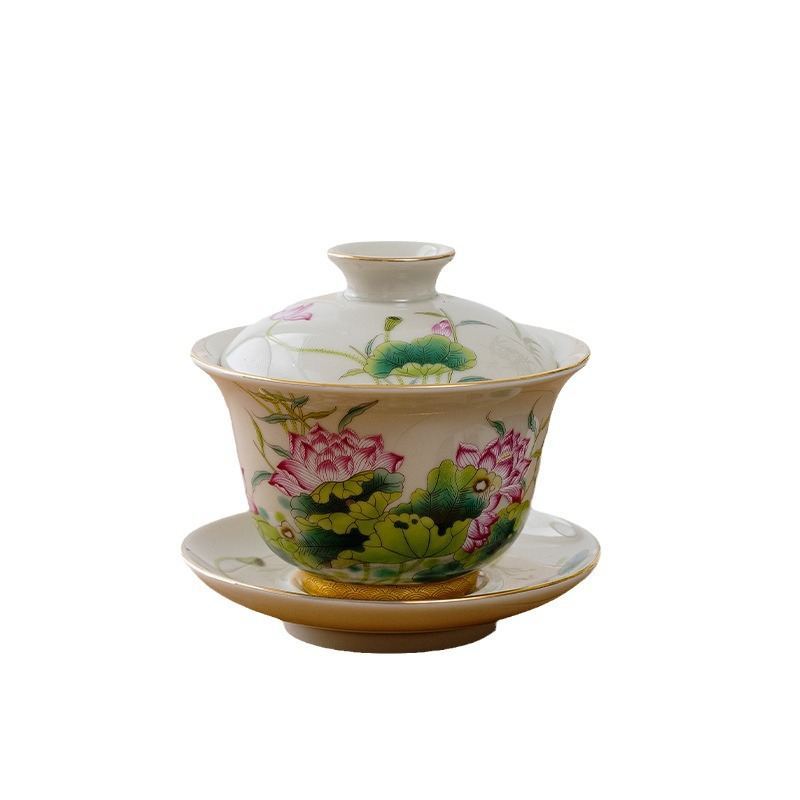 Bát có nắp pha trà tam tài đơn chén trà bát trà gốm sứ cỡ lớn bộ trà Kung Fu sứ trắng xanh sứ trắng sứ