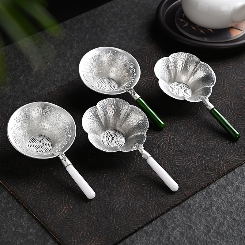 Lọc trà thiếc nguyên chất, tay cầm bằng ngọc bích, lọc trà, lọc trà, lọc trà, phụ kiện trà đạo Kung Fu thủ công sáng tạo