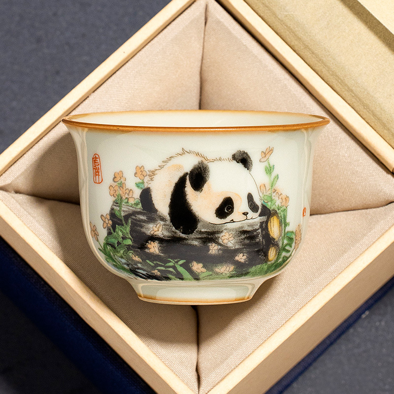 Cốc gốm sứ Ru Kiln Panda Round Ding Cốc gia dụng Cốc chủ nhân Cốc trà cao cấp tinh tế Bộ trà Kung Fu