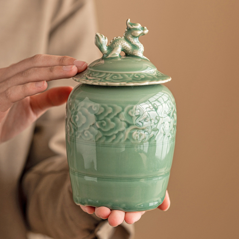 Bình đựng trà cổ kiểu Trung Quốc men ngọc Yue Kiln, bình đựng trà gốm sứ gia dụng, bình chống ẩm, xách tay