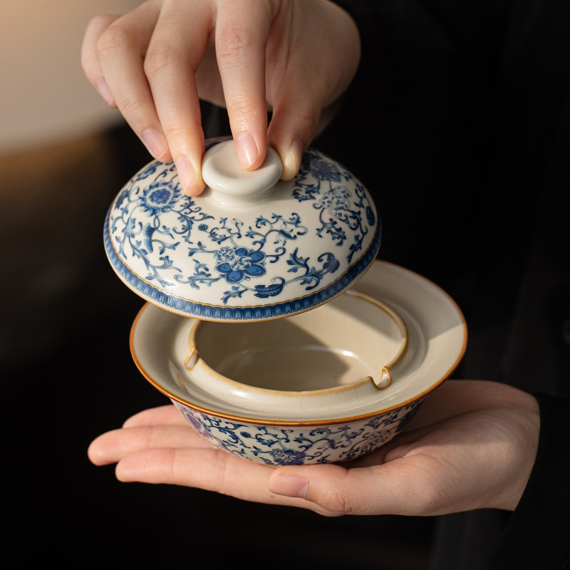 Ru Kiln Xanh Trắng Sen Gốm Gạt Tàn Nhà Phòng Khách Có Nắp Chống Bay Gạt Tàn Trang Trí Trung Quốc Cao Cấp