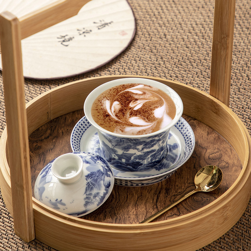 Cốc trà có nắp đậy ba tài năng Jingdezhen Bát trà đơn Bộ trà sứ trắng xanh Bộ trà sứ Kung Fu gốm sứ Bát trà