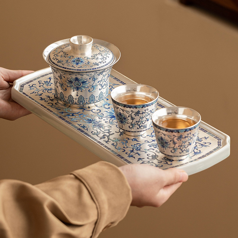 Bộ ấm trà mạ bạc Fuyun Nian Lian mạ bạc gốm sứ ba tài năng nắp cốc trà túi du lịch cắm trại di động một bát hai cốc