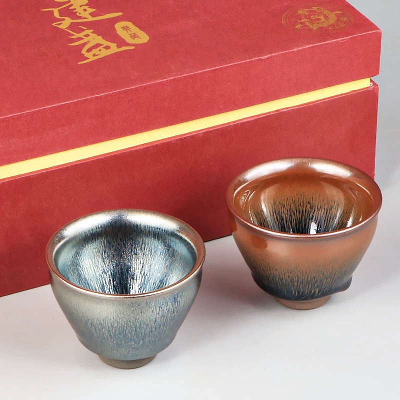 Jianyang Tuhao Jianzhan Yinhao Cặp cốc quặng thô sắt Bộ trà gốm sứ cốc chủ nhân cốc nhỏ giọt dầu cổ điển cốc hiếu khách gia đình