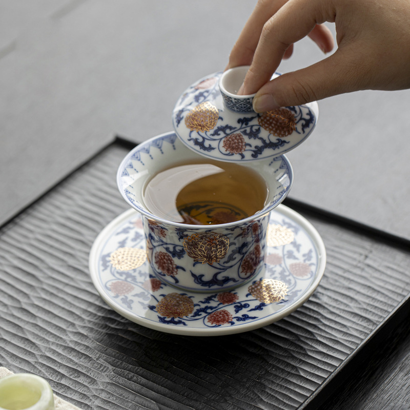 Bát có nắp hoa sen kim cương đỏ tráng men xanh cổ bộ trà gốm sứ cổ điển tô có nắp bằng vàng cốc trà bán buôn