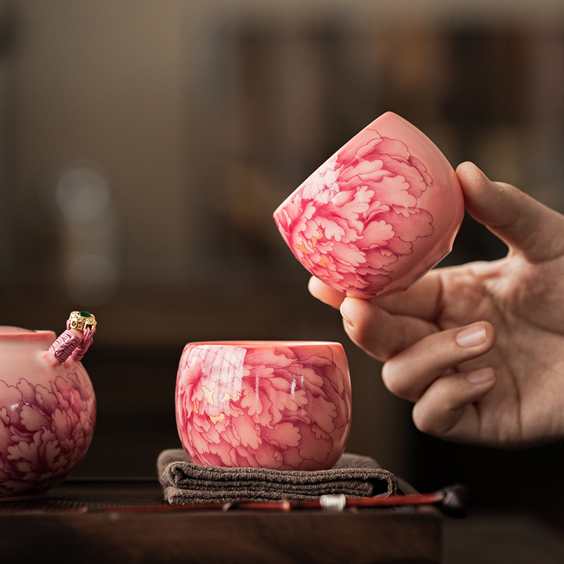 Bột đông mỡ lợn Cốc chủ nhân gốm sứ Cốc tròn hoa mẫu đơn Cốc uống trà Bộ trà gia dụng Cốc đơn tách trà Cốc trà