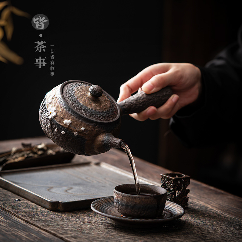 Ấm trà gốm thô, ấm tay cầm bên, dụng cụ pha trà Kung Fu, ấm pha trà gốm sứ phòng khách gia dụng, nhà sản xuất bán buôn