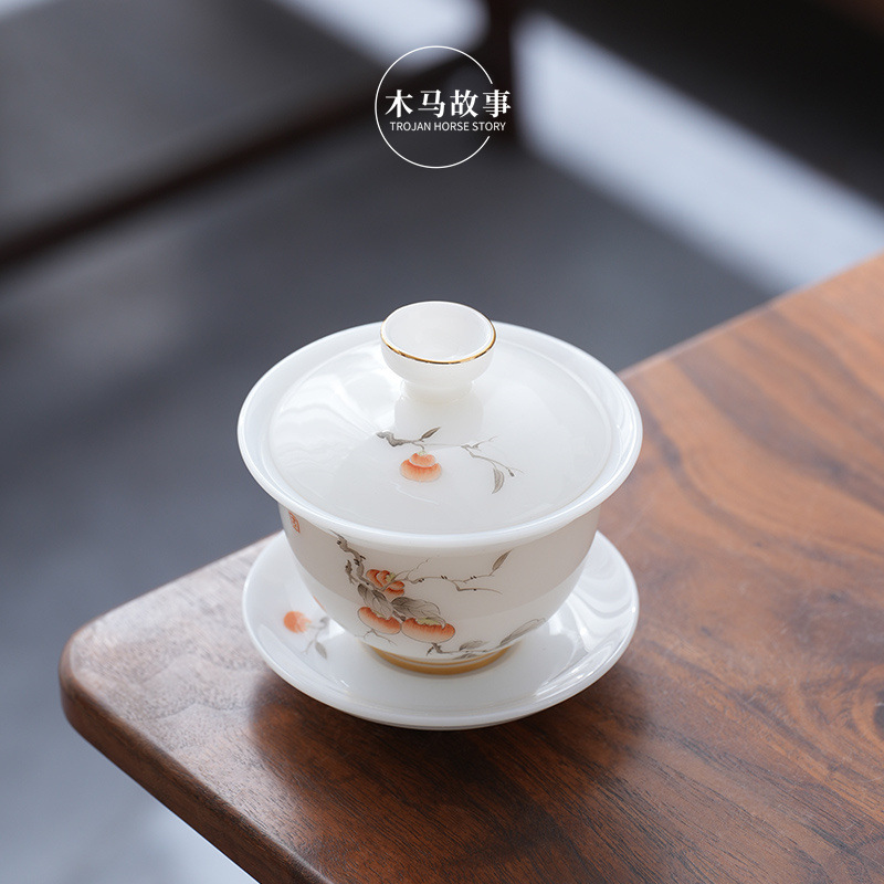 Bộ ấm chén sứ ngọc bích vẽ tay, nắp đậy, kiểu dáng cao cấp, chất liệu sứ trắng Dehua, họa tiết Sancai, hộp quà tặng sang trọng