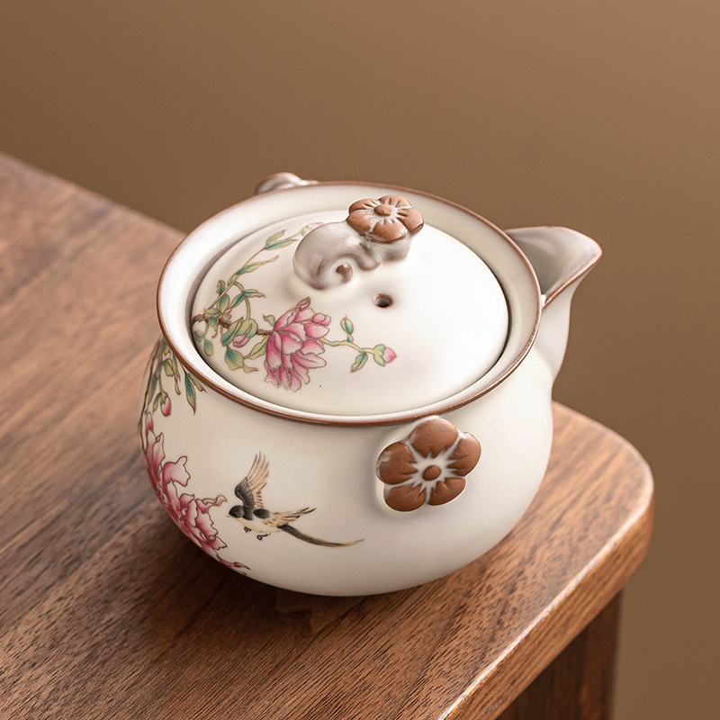 Ấm trà Ru Kiln ấm cầm tay có nắp đậy ấm pha trà hoa mẫu đơn đông lạnh mỡ lợn, bát trà gia dụng chống bỏng cao cấp có nắp