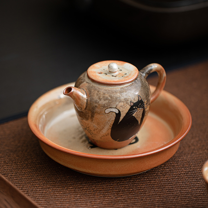 Ấm Zhiye Cat Hongyun Ấm Trà bạc vẽ tay phong cách Nhật Bản Ấm pha trà sáng tạo gia dụng gốm sứ Bộ trà Kung Fu Ấm đơn