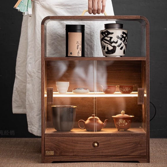Tủ đựng đồ để bàn đa năng gỗ óc chó, tủ đựng đồ chống bụi gia dụng, đồ trang trí phòng trà, giá để đồ bộ trà