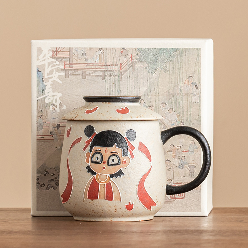 Cốc văn phòng Nezha đỏ đá lửa trắng xanh cốc chuyên dụng cá nhân cao cấp cốc pha trà gốm sứ cốc có nắp cốc nước