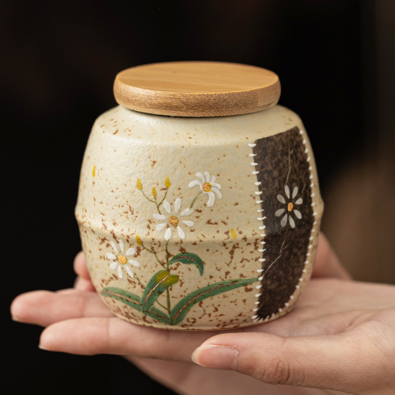 Bình trà gốm sứ đỏ đá lửa trắng xanh, bình hoa cúc nhỏ vẽ tay, bình đựng trà cầm tay nhỏ, đơn