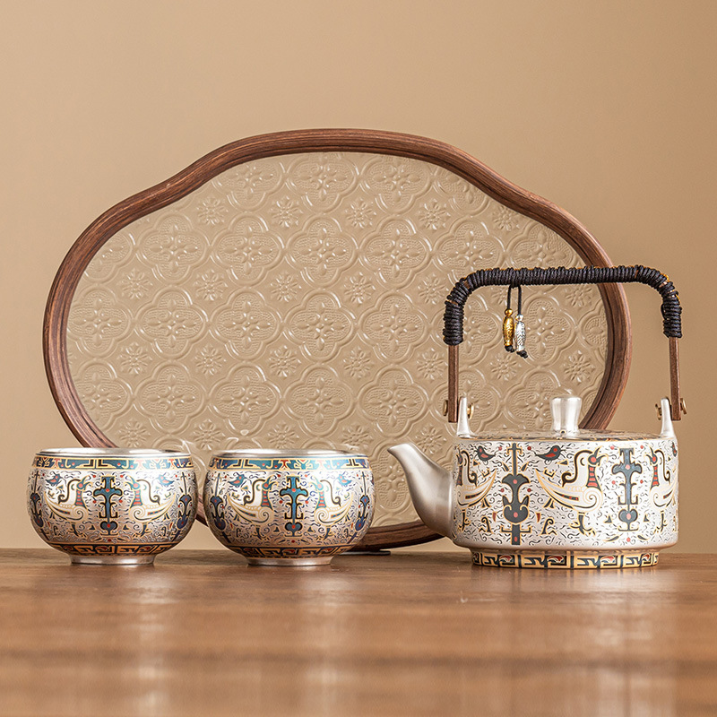 999 mạ bạc Đôn Hoàng mẫu tốt lành một bình hai cốc gia dụng bộ trà Kung Fu Trung Quốc ấm trà tách trà quà tặng