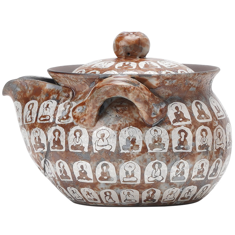 Ấm trà cầm tay Vạn Phật mạ bạc Ấm trà lọc chống bỏng Bộ trà Kung Fu cổ điển Trung Quốc Ấm Đơn gốm sứ cao cấp có nắp