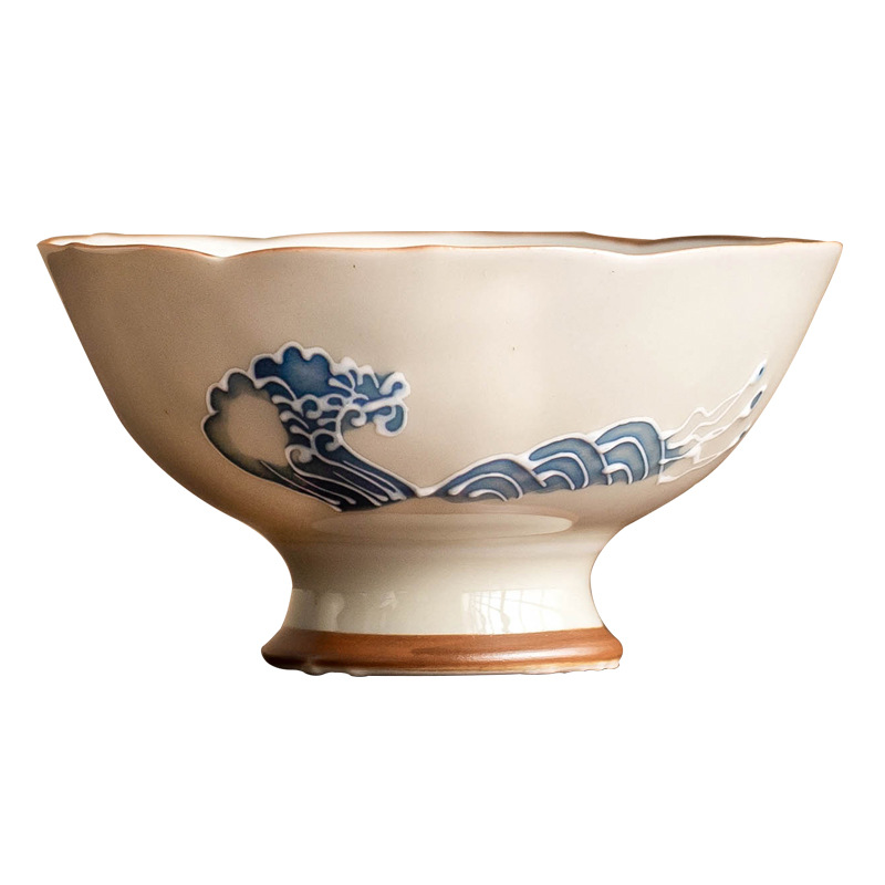 Nhà máy xếp chồng chạm khắc sóng biển chân cao miệng hoa tách trà cốc chủ nhân bộ trà Trung Quốc vẽ tay tách trà cốc trà