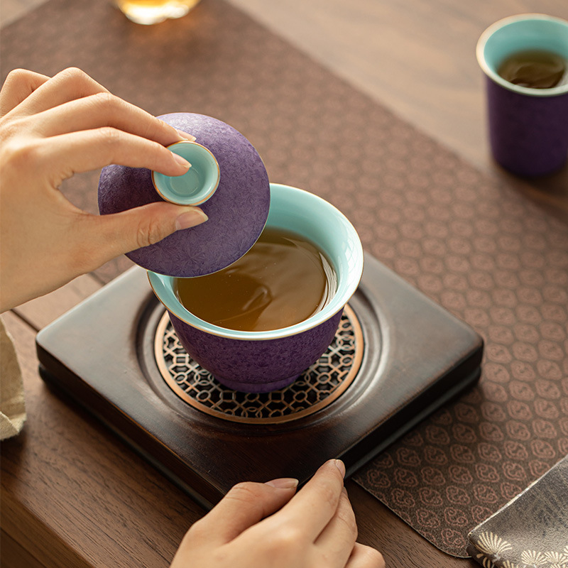 Lò nung Jingdezhen biến thành bát có nắp màu tím Jun Bộ trà gốm sứ lốp mỏng kết tinh hai chiếc bát có nắp để pha trà bát không nóng trà Kung Fu