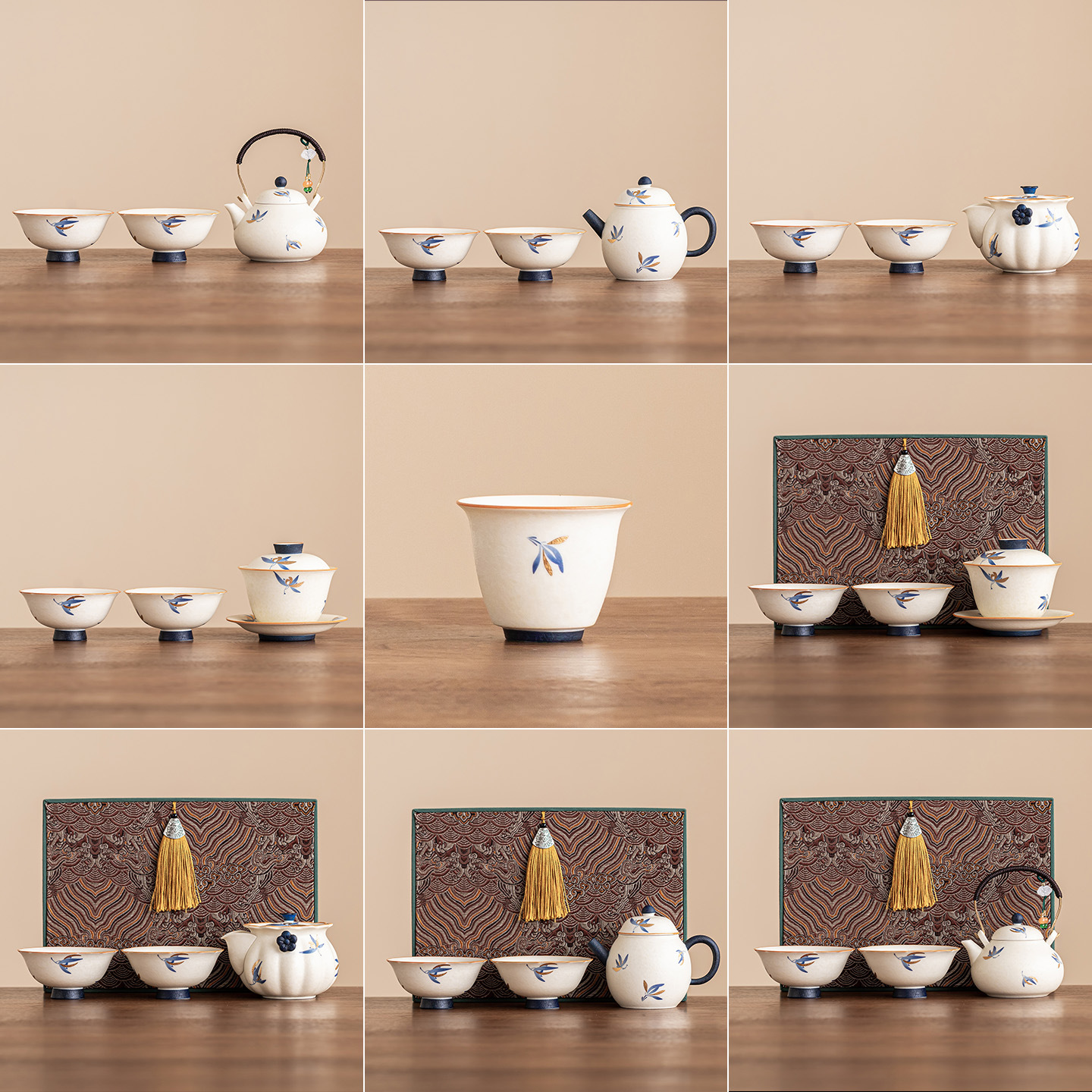 Dụng cụ pha trà gốm trắng mỏ đá, cốc trà lan hồ điệp vàng, ấm pha trà, cốc có nắp, phụ kiện trà đạo giá trị cao