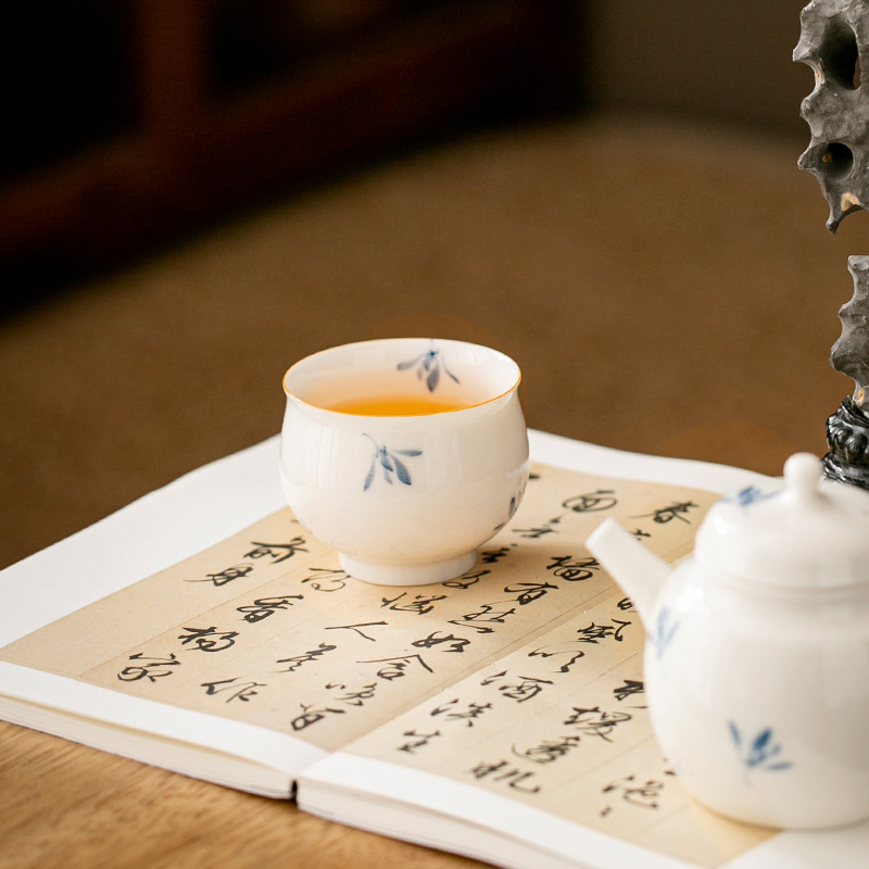 Cốc trà sứ trắng hoa lan vẽ tay bộ trà sứ công phu tráng men màu cốc chủ nhân cốc đơn sứ trắng cốc trà gia dụng