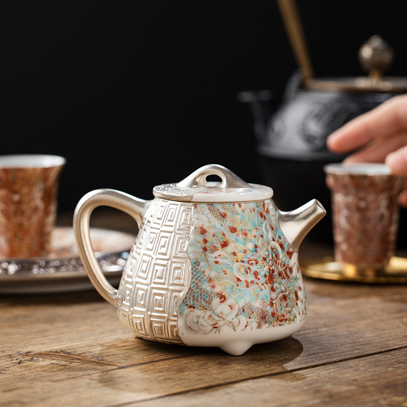 He Fusen tráng men màu đỏ Rồng đỏ Bộ ấm trà Bộ ấm trà tặng quà sinh nhật cho người lớn tuổi