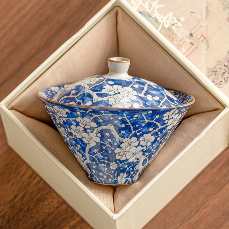 Giả Song Ru lò màu xanh băng hoa mận mũ có Nắp bát trà Bộ trà cao cấp có nắp Bát Trà Tam Tài Bát lớn