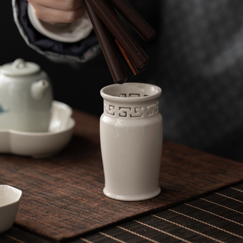 Bộ trà đạo sáu quý ông bằng gỗ đàn hương đen tráng men xám thực vật dụng cụ pha trà ống sứ dụng cụ pha trà Kung Fu phụ kiện bộ trà