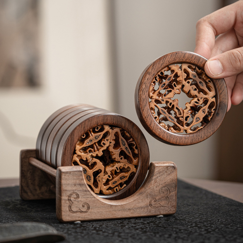 Lót cốc gỗ óc chó đen mẫu mới, bàn trà pha khô, bình óc chó, lót cốc trà đạo, lót cốc kiểu Trung Quốc, lót cách nhiệt