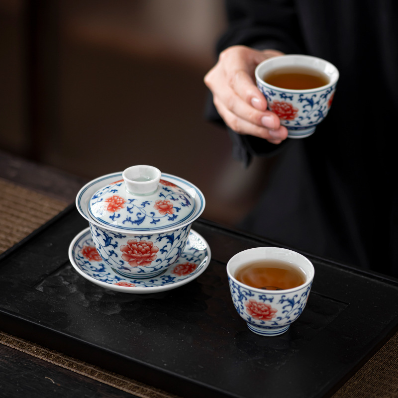 Cốc trà bát có nắp ba tài cổ sứ trắng xanh cốc trà gốm sứ tráng men màu cao cấp một tay không nóng chuyên dụng