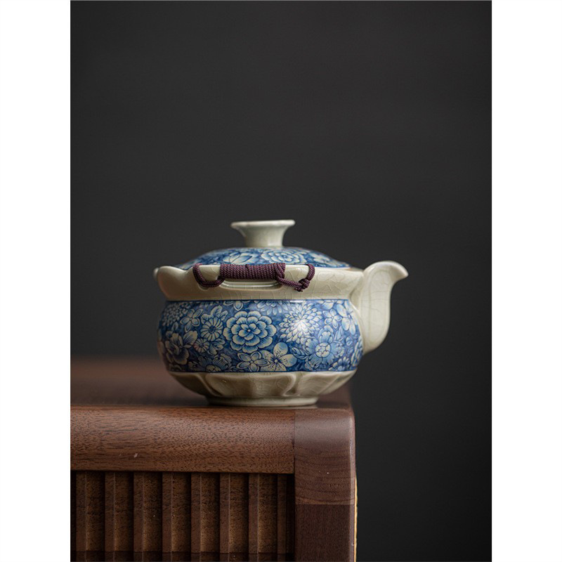 Ấm nắm tay màu xanh và trắng lò Ru cổ ấm trà Kung Fu gia dụng cao cấp không nóng có nắp mở có thể nâng xưởng bán buôn