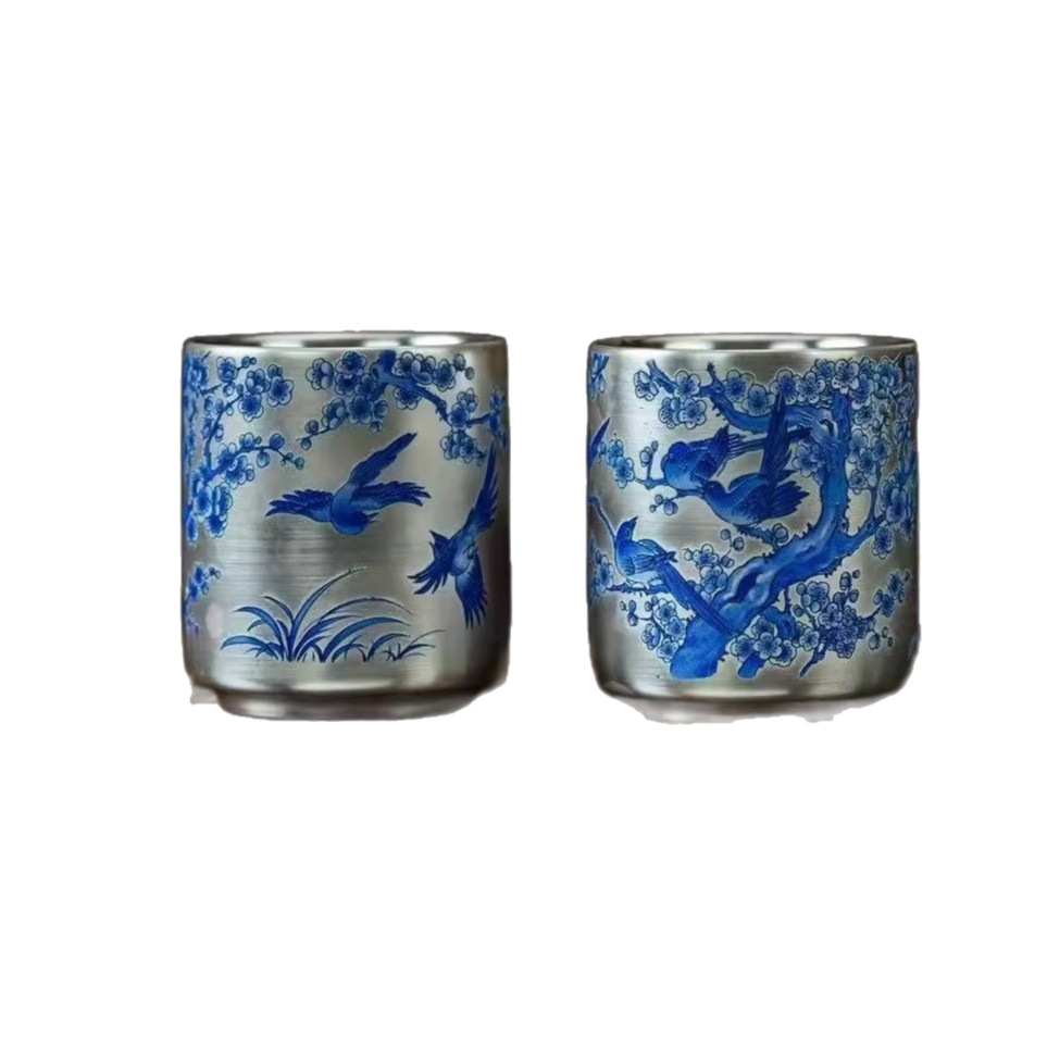 Bộ ấm chén bạc nguyên chất 999 mạ vàng, gồm 1 ấm và 2 chén, làm quà tặng doanh nghiệp, hộp quà tặng kèm cốc nước.