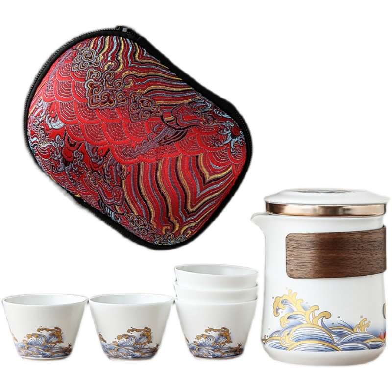Cốc hành khách nhanh bằng sứ trắng Ngọc Bích, một ấm Ba cốc, Bộ trà du lịch xách tay, bộ nhỏ, logo khắc chữ dùng cho văn phòng