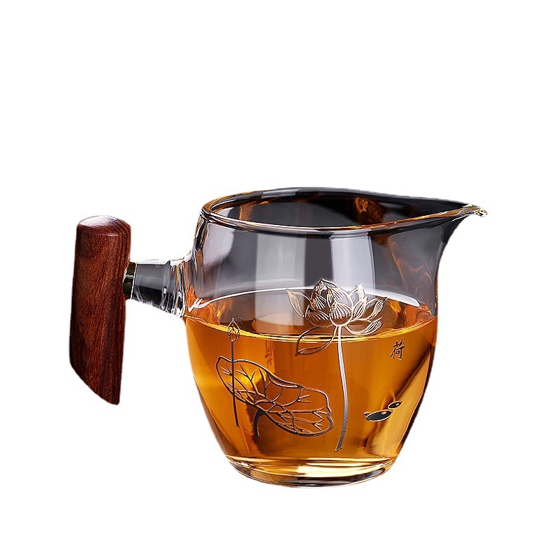 Bộ lọc trà cốc thủy tinh, tay cầm gỗ chịu nhiệt dày dặn, Bộ tách trà cao cấp, cốc pha lê thủ công, Bộ trà gia dụng