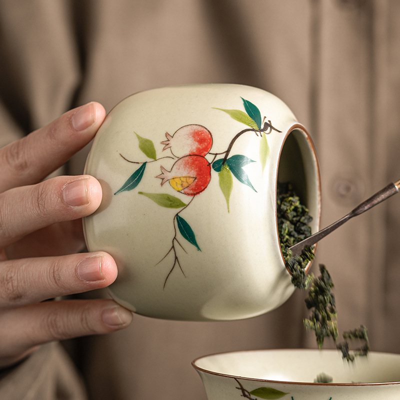 Nồi trà lựu vẽ tay Ru Kiln, bình kín cầm tay chống ẩm nhỏ, bình đựng trà nắp tre gia dụng, kho trà gốm sứ