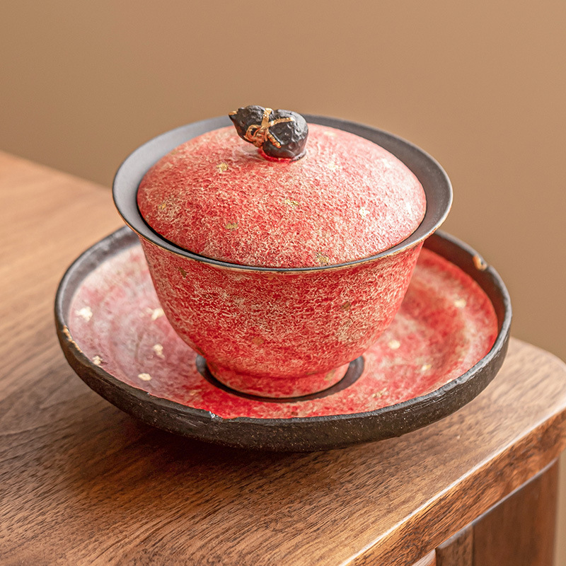 Đá mỏ gốm sơn màu bát nắp tam tài bát trà Phúc Lộc vàng có nắp bát pha trà giá trị cao sang trọng nhẹ gia dụng cốc trà cỡ lớn