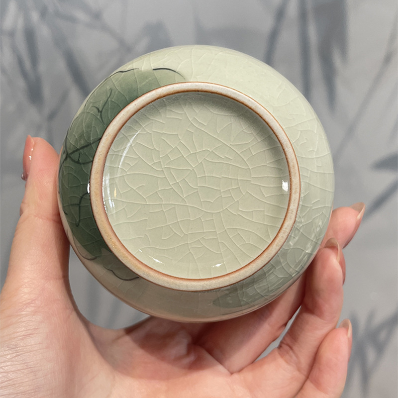 Jingzhe vẽ tay hoa sen nhỏ niêm phong bình trà men nứt băng bình bảo quản trà kiểu Trung Quốc mở nắp trúc ngăn trà chống ẩm