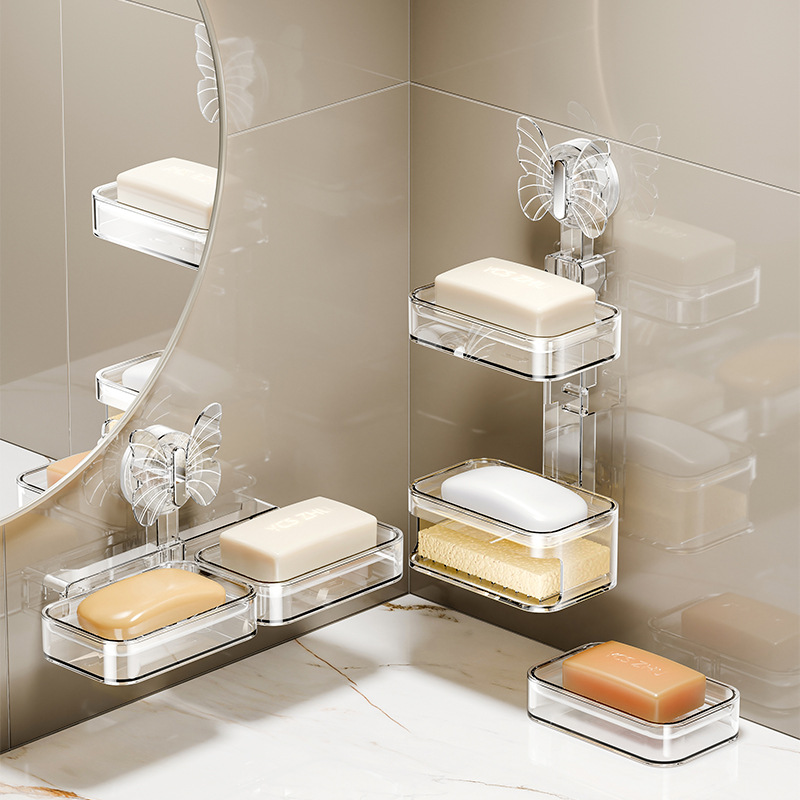 Khay hút hộp đựng xà phòng treo tường không đục lỗ gia dụng cao cấp hộp đựng xà phòng hai lớp giá để ráo nước trên tường