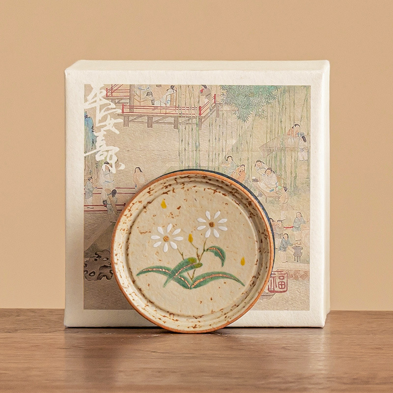 Ấm trà đỏ đá lửa trắng xanh có nắp đậy ấm trà màu vàng vẽ tay hoa cúc nhỏ có nắp đậy phụ kiện trà đạo gia dụng đế lót ly trà giá đỡ