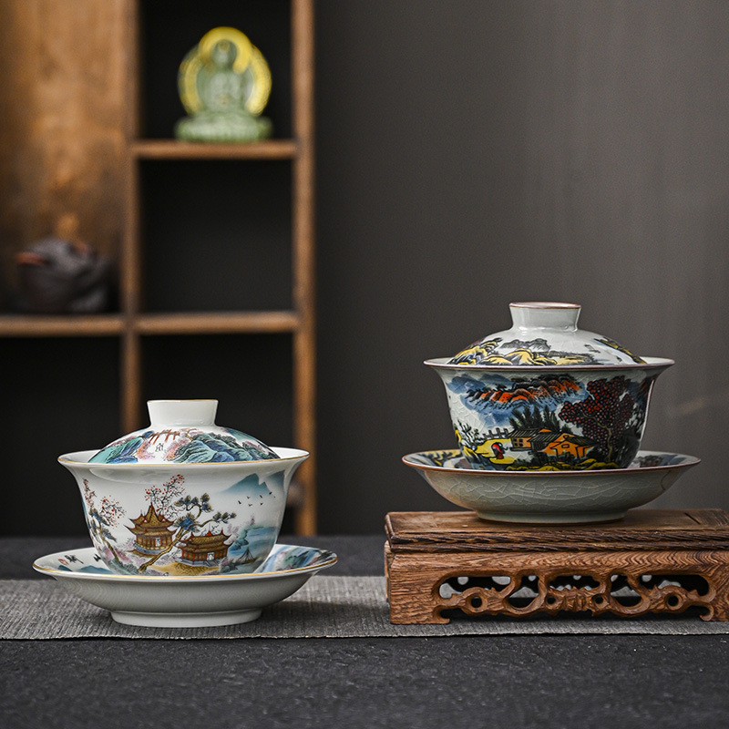 Jingdezhen Sancai có nắp, cốc trà, bộ trà, bát trà sứ trắng xanh, bát kung fu gốm sứ dùng trong văn phòng gia dụng