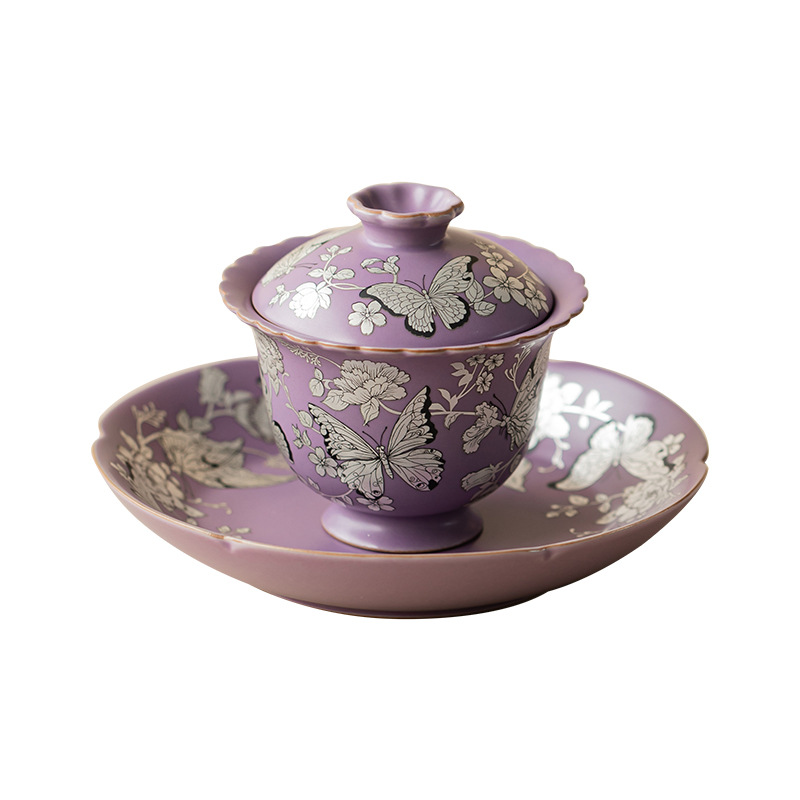 Màu tím Ru mạ bạc bướm tình yêu hoa ba cái nắp bát đựng trà gốm sứ có nắp tách trà bộ ấm trà có thể nâng cốc trà