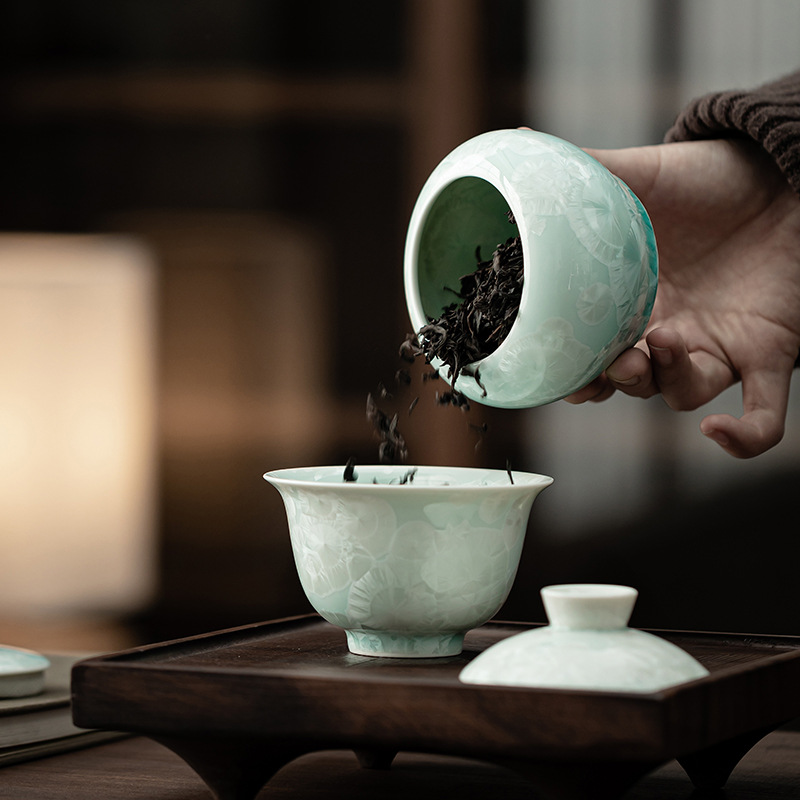 Bình đựng trà bụng tròn màu xanh lục tinh thể đá, bình gốm, bình đựng trà gia dụng, bình đựng đồ, phụ kiện bộ trà, bình đựng đồ